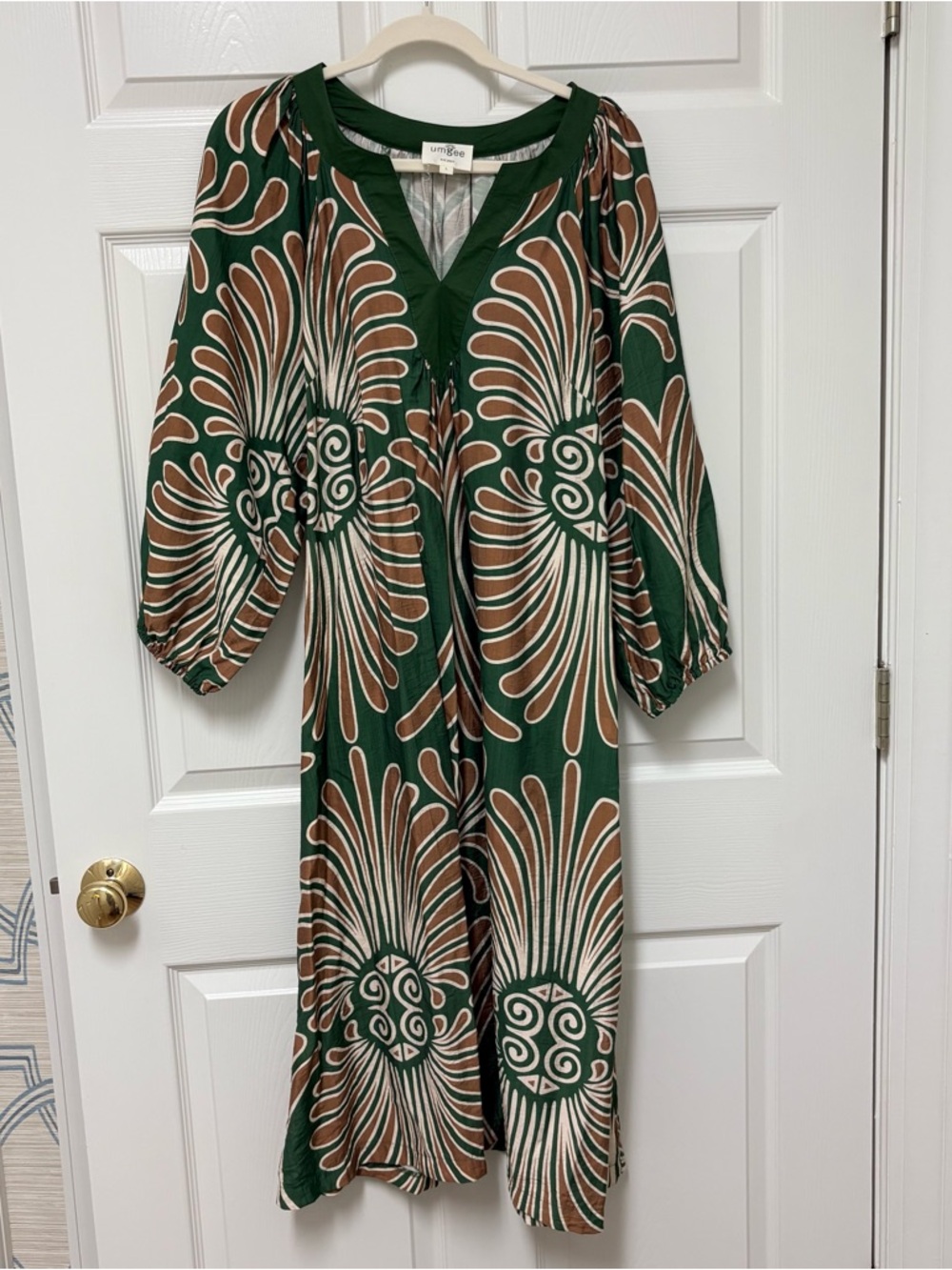Umgee Green, Brown & Cream Printed Long Sleeve Midi Dress
